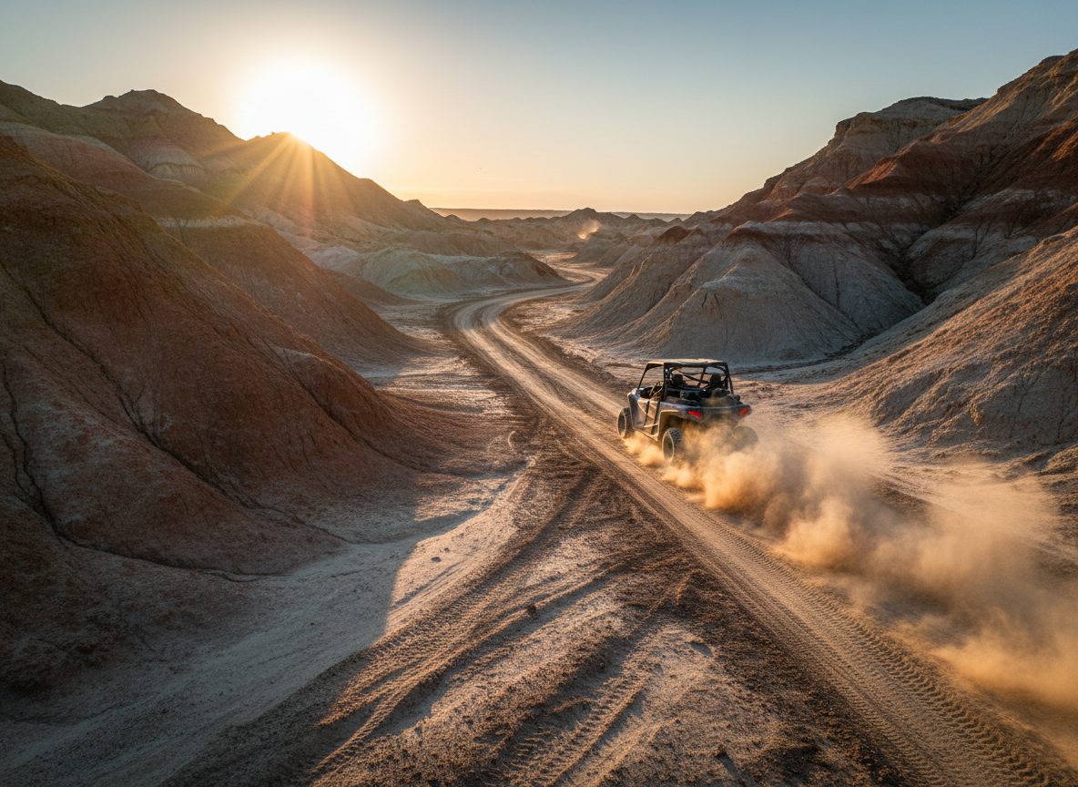 A winding UTV trail cutting sharply through rugged badlands terrain, with deep ruts and fresh tire tracks etched into the pale, dusty soil. Jagged clay mounds and eroded ridges rise on either side, their layered strata showing bands of rust red, ash gray, and sand beige. A single UTV is captured in the middle distance from behind, framed low and wide, kicking up a bold, sunlit plume of dust that glows in the late-afternoon light. The sun hangs low near the horizon, casting long, dramatic shadows that emphasize the contours of the trail. The photographic composition uses leading lines and a cinematic, wide-angle feel to create a sense of speed, grit, and untamed exploration.