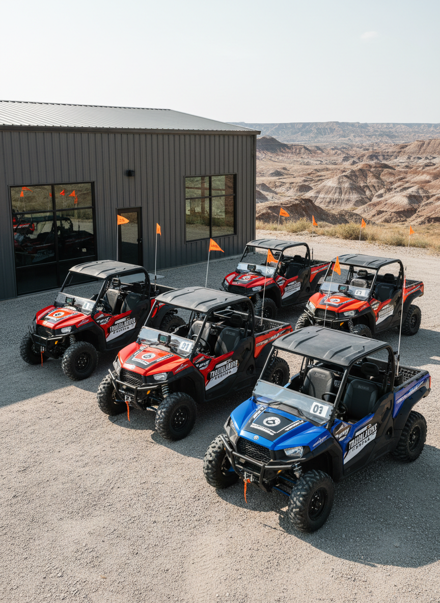 A clean, high-end rental staging area set at the edge of the badlands: several freshly washed UTVs lined up on compacted gravel in front of a modern metal-sided storage building. Each vehicle has clearly visible branding decals, numbered tags, and mounted GPS units on their dashboards. Overhead, a wide, open sky with crisp, late-morning light bathes the scene in clear, neutral illumination, creating sharp detail on every bolt, tire tread, and panel. Orange safety flags flutter from tall whips on each roll cage. Shot from a wide, eye-level angle with sharp focus, the composition feels organized, professional, and ready for action, reinforcing trust and quality in a realistic, bold photographic style.